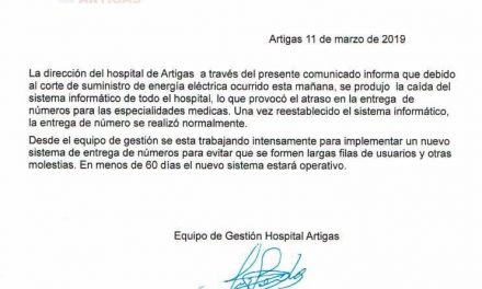 HOSPITAL DE ARTIGAS JUSTIFICA ATRASOS EN ANOTACIONES POR CAÍDA DEL SISTEMA INFORMÁTICO