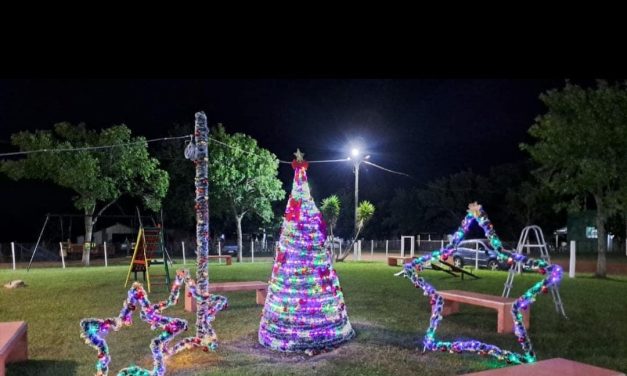 TOPADOR ILUMINADO. SE ARMÓ UN ARBOLITO NAVIDEÑO EN LA PLAZA PRINCIPAL Y SE LLEVARÁ ADELANTE UN CONCURSO PARA LOS HOGARES MEJORES DECORADOS.